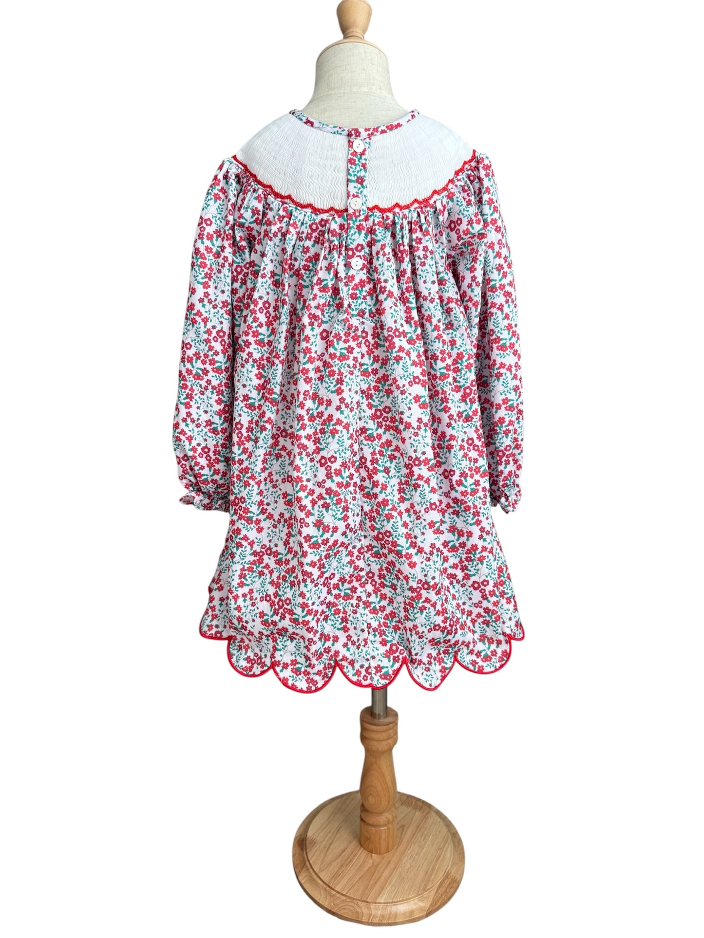 Girl’s Hand Smocked Christmas Bow Dress – Scalloped Hem & Long Sleeves
