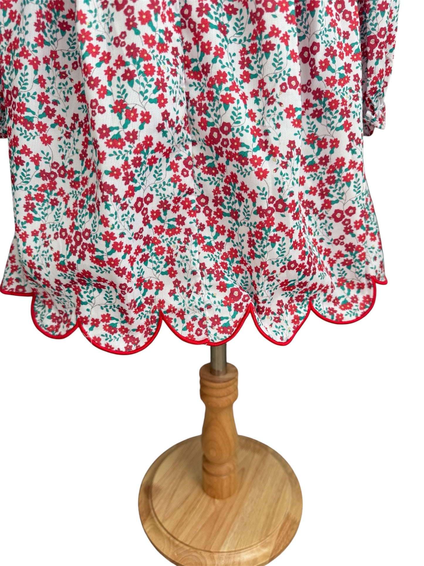 Girl’s Hand Smocked Christmas Bow Dress – Scalloped Hem & Long Sleeves