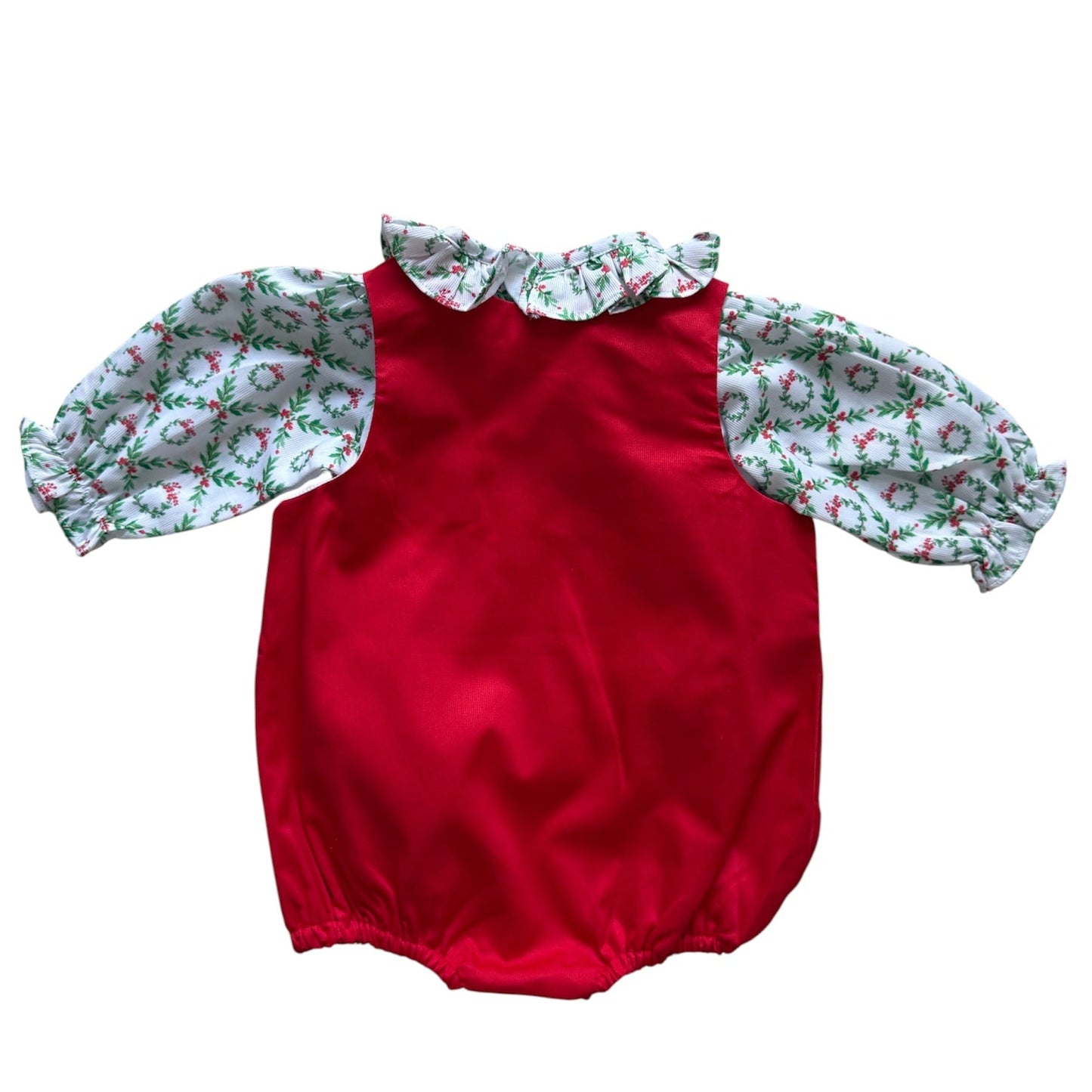 Girl’s 2-Piece Christmas Wreath Bubble Set – Embroidered Red Bubble with Matching Top