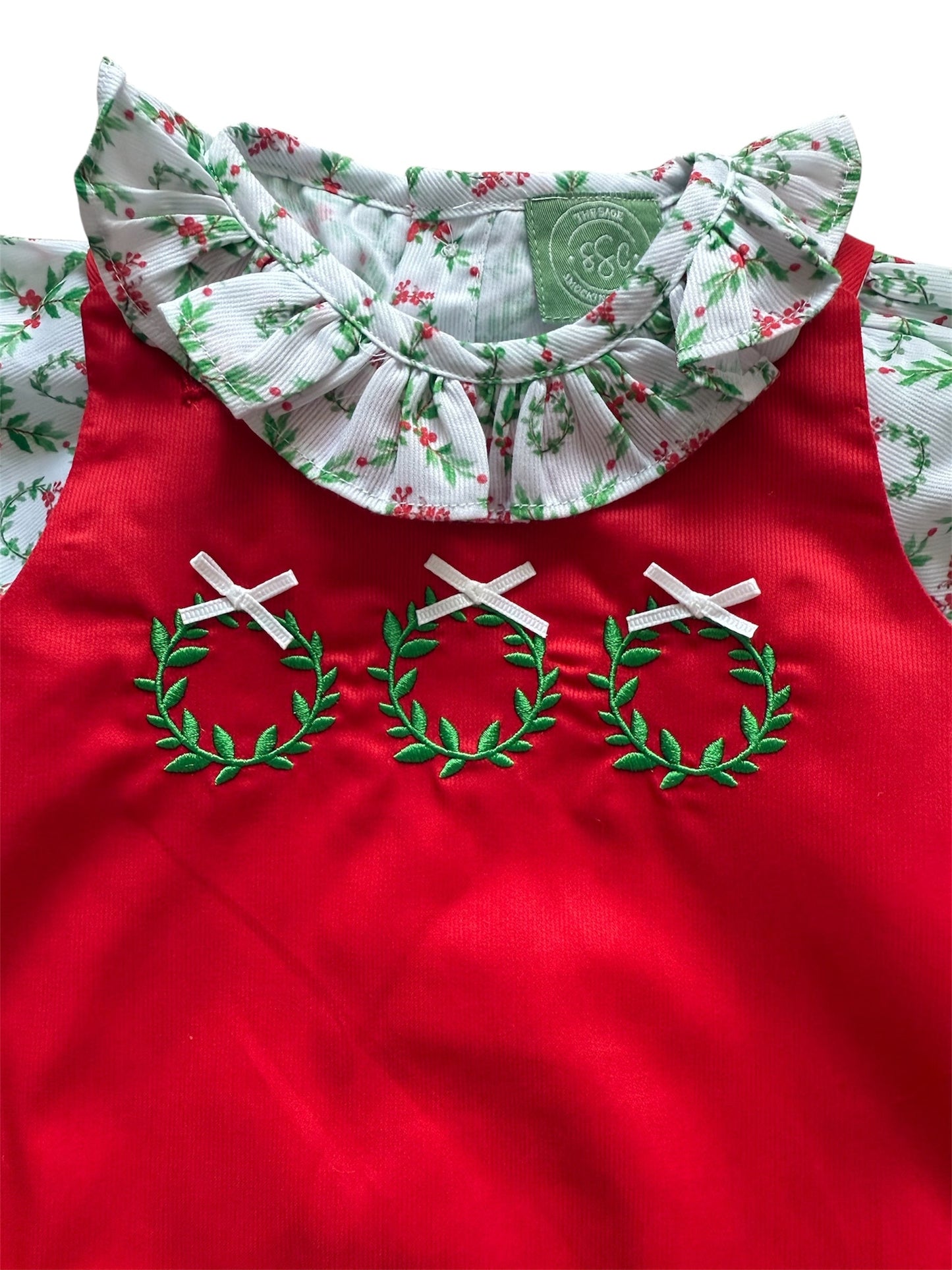 Girl’s 2-Piece Christmas Wreath Bubble Set – Embroidered Red Bubble with Matching Top