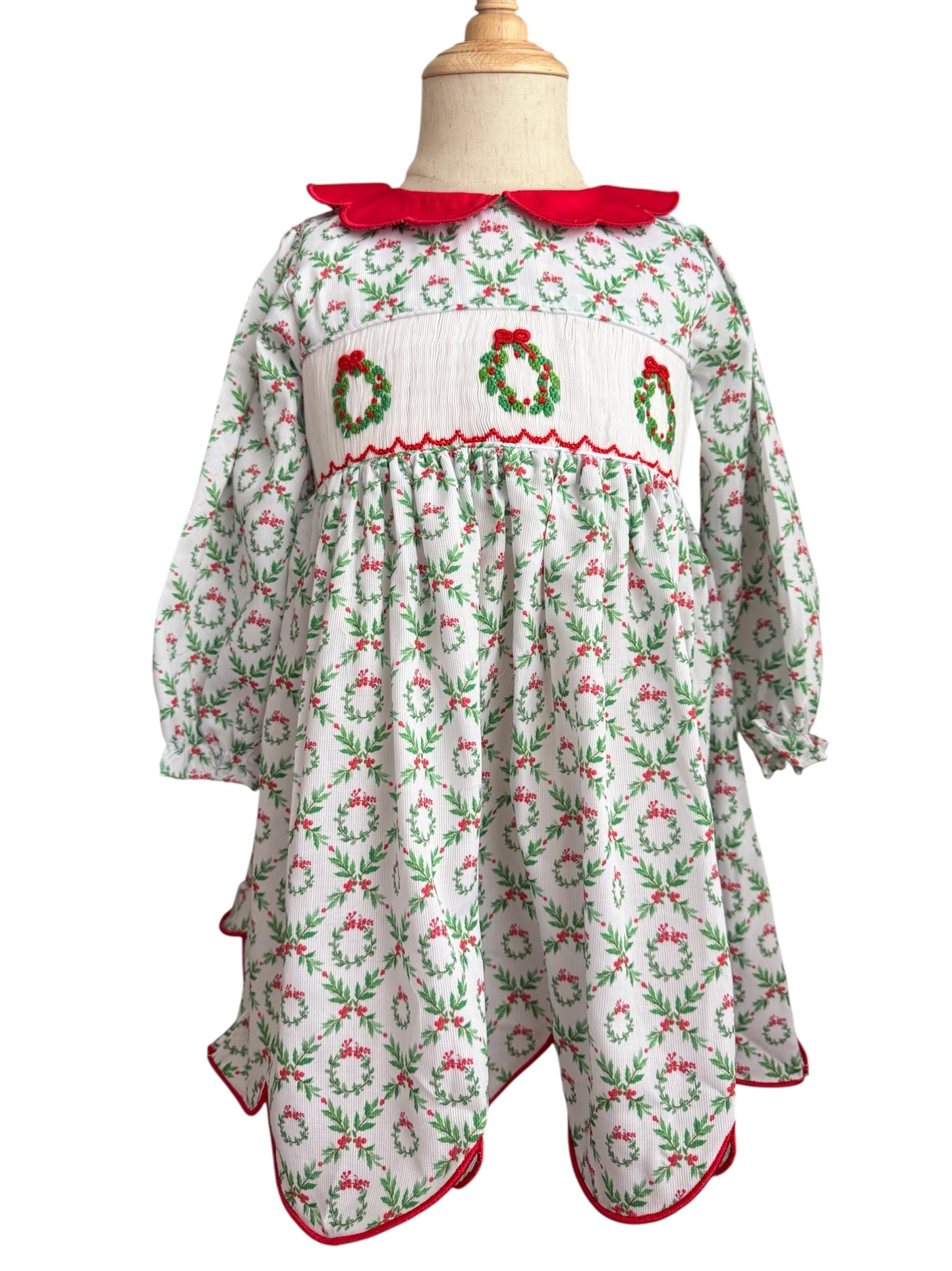 Girl’s Hand Smocked Christmas Wreath Dress with Scalloped Red Collar