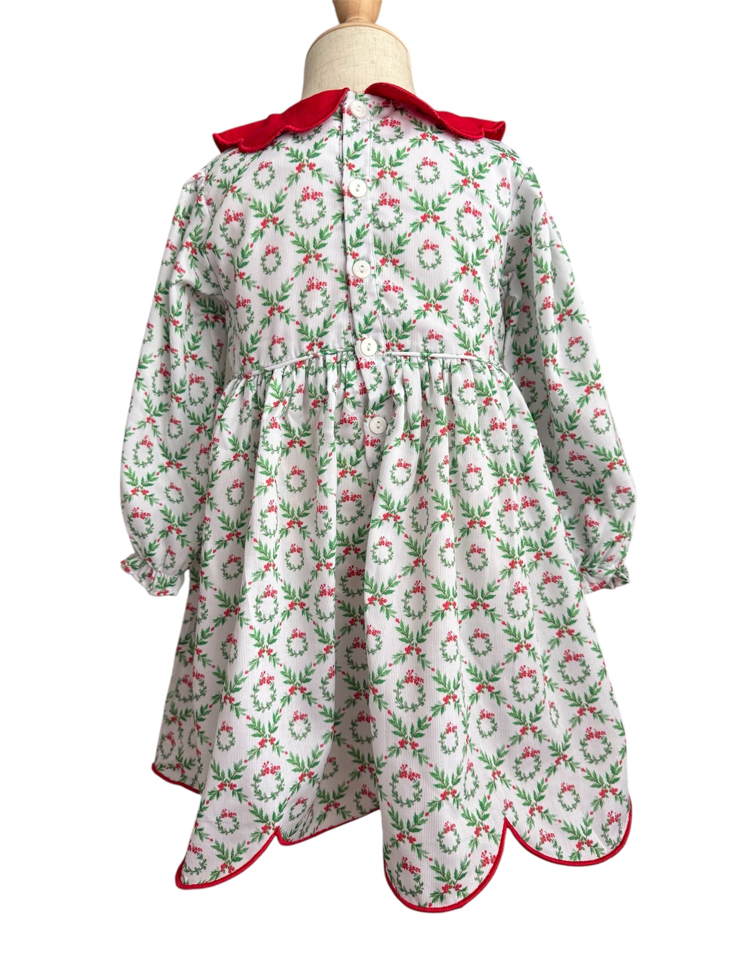Girl’s Hand Smocked Christmas Wreath Dress with Scalloped Red Collar