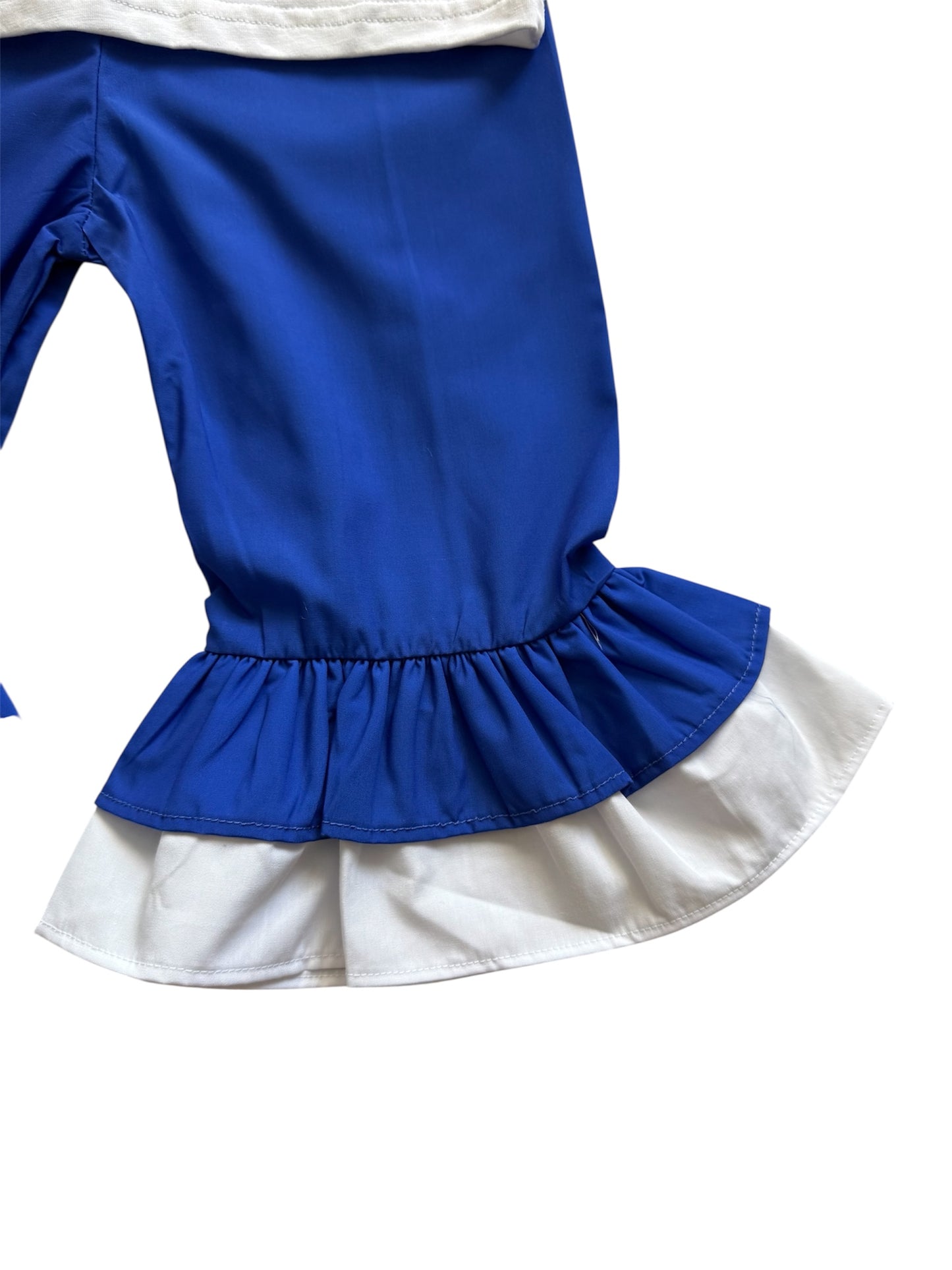 2 Pc Girls Applique Wildcat Basketball Top & Blue Ruffle Pants Set for Game Day