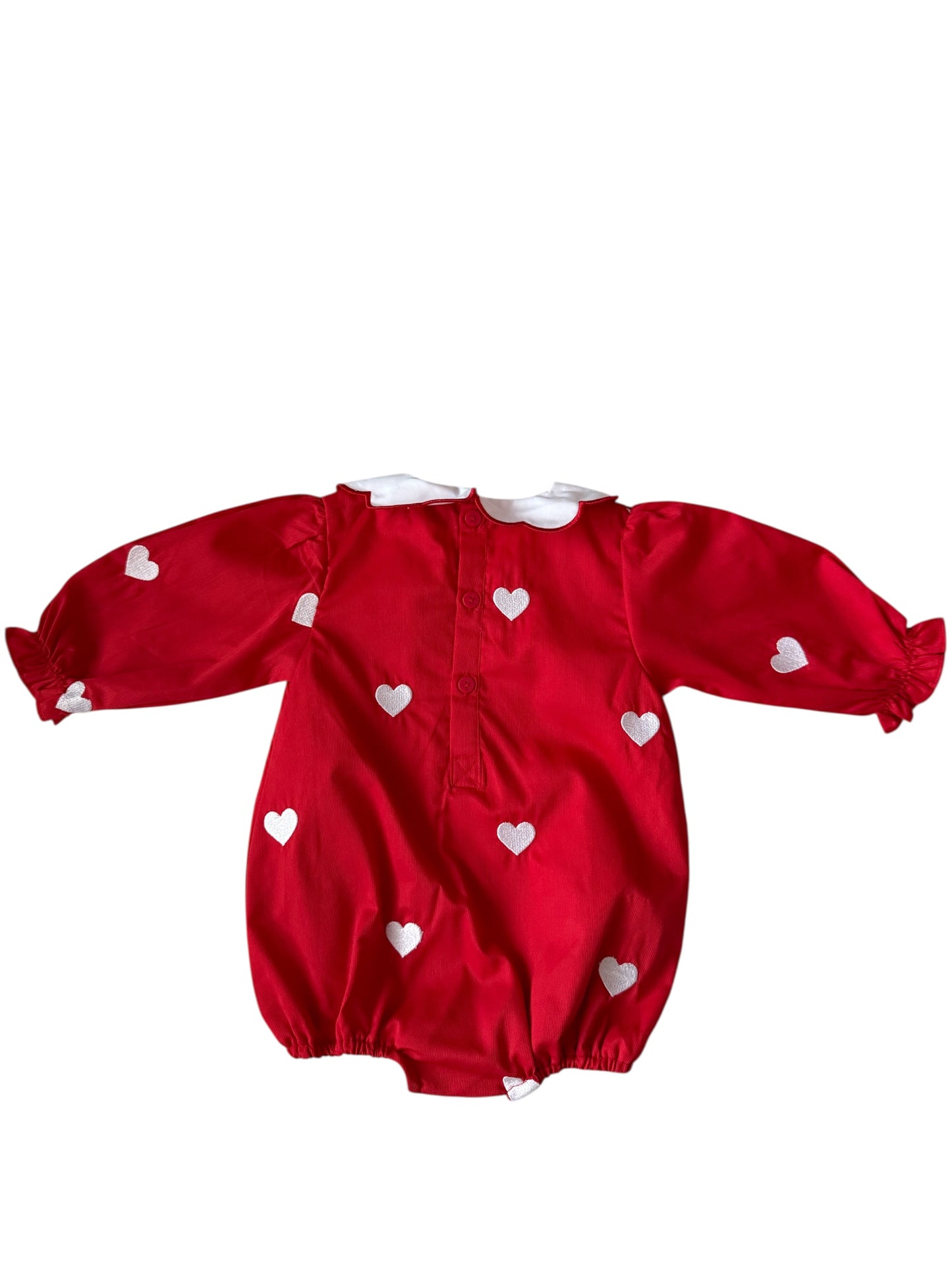Girls Red Valentine Sister Bubble with White Embroidered Hearts | Cotton Long Sleeve Bubble Romper