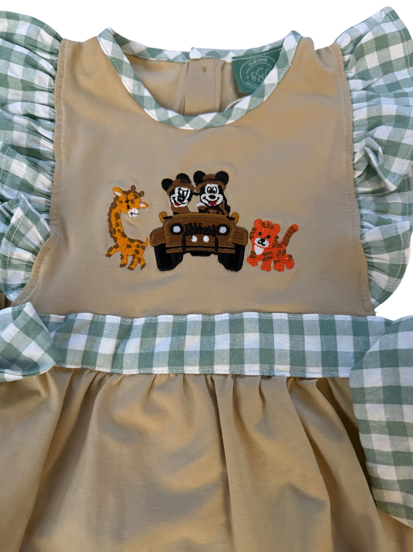 Jungle Mouse Safari Sister Bubble | Green Gingham Seersucker Trim Girl Outfit