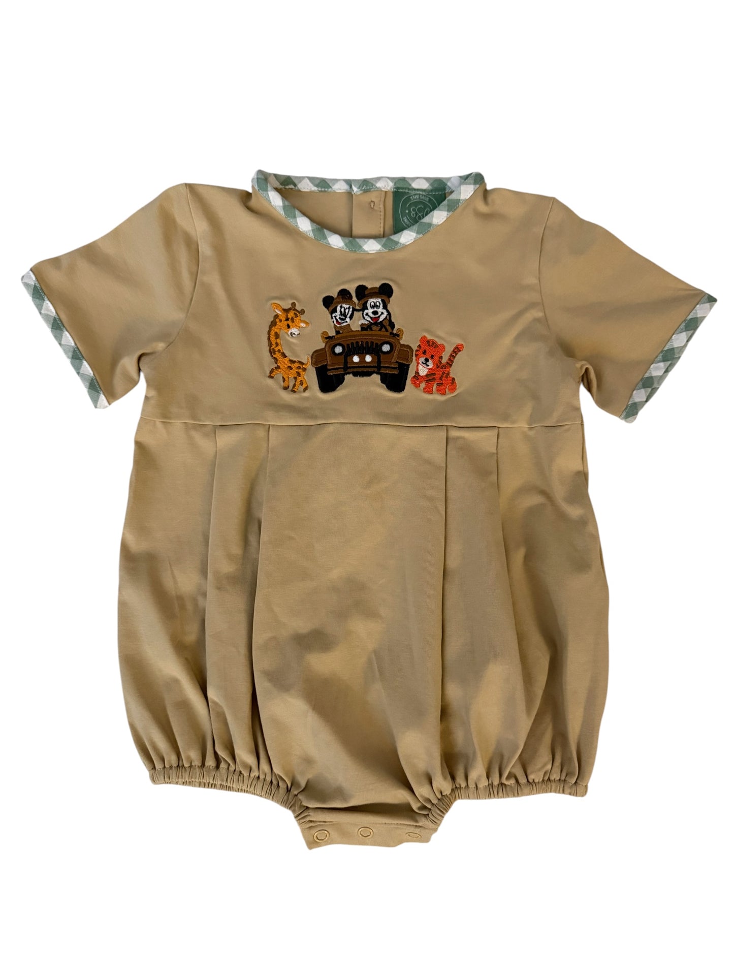 Jungle Mouse Appliqué Boys Bubble – Green Gingham Trim Mouse Outfit