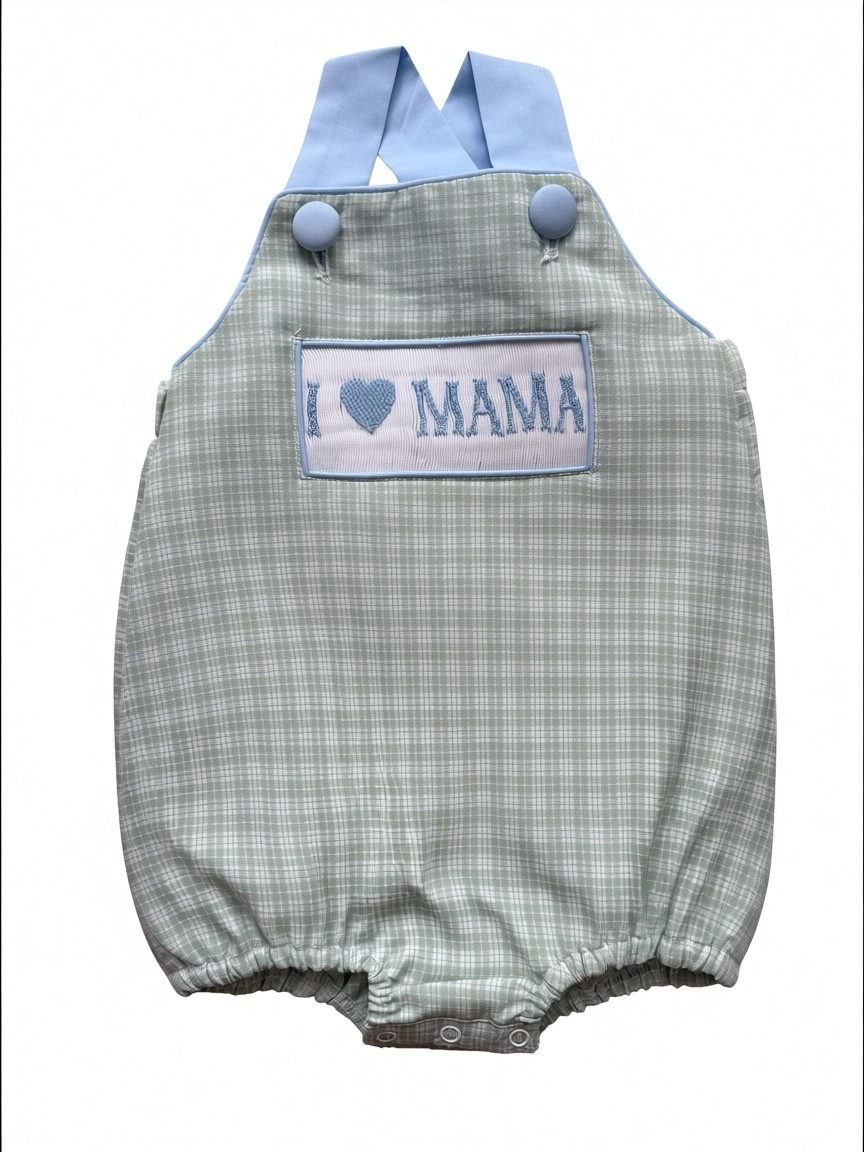 “I Love Mama” Boys Bubble Romper – Brother Match Hand Smocked Outfit