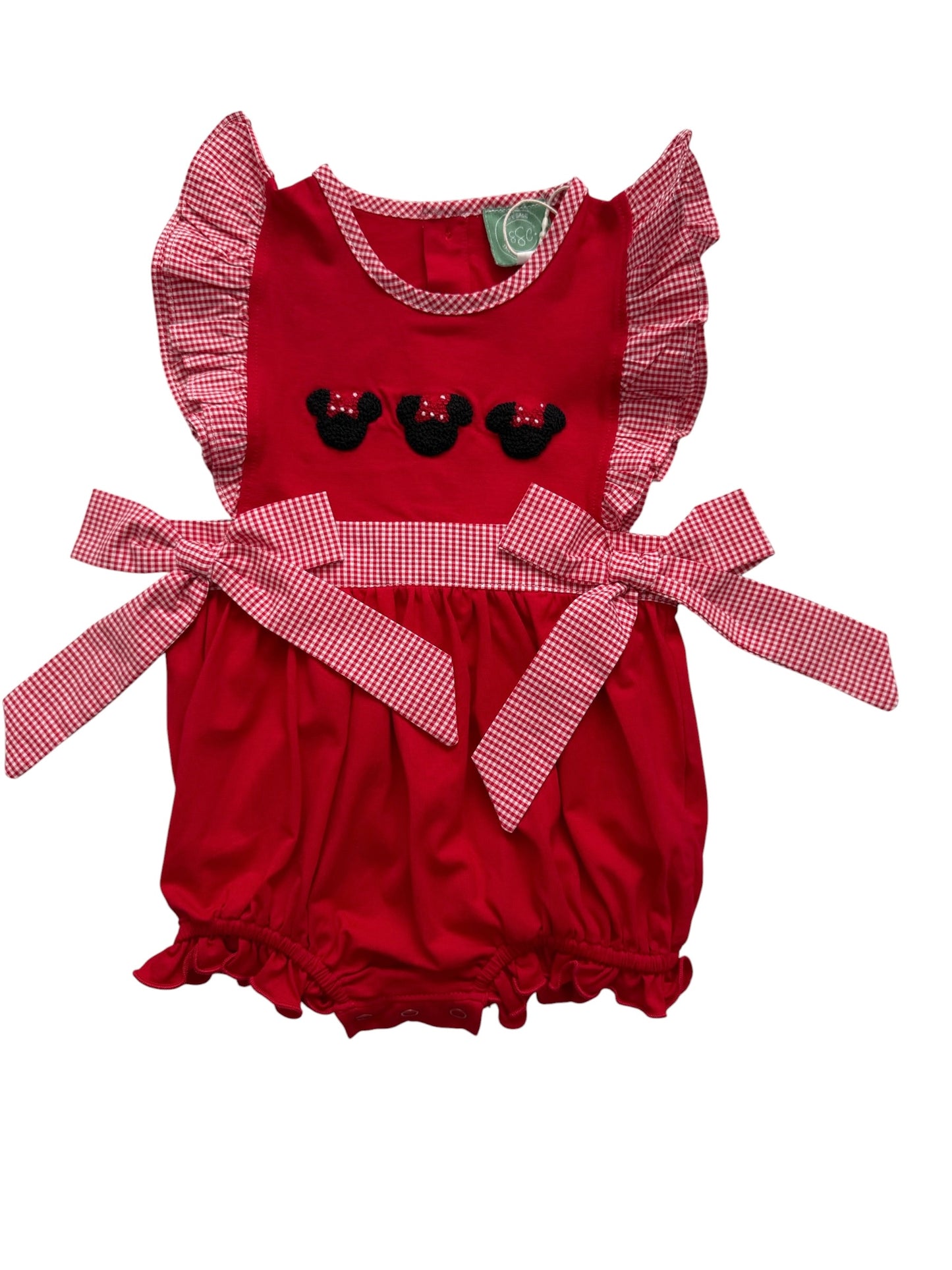 Mouse French Knot Smocked Girls Bubble – Red Gingham Trim Mouse Outfit