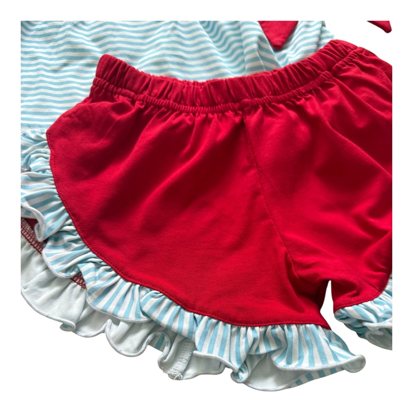 Back to School French Knot Girls Ruffle Short Set with Side Bows