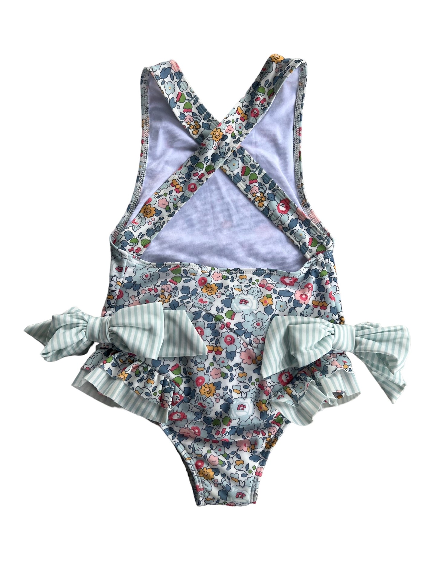 SPF 30+ Blue Floral Girls Ruffle & Bows Swimsuit