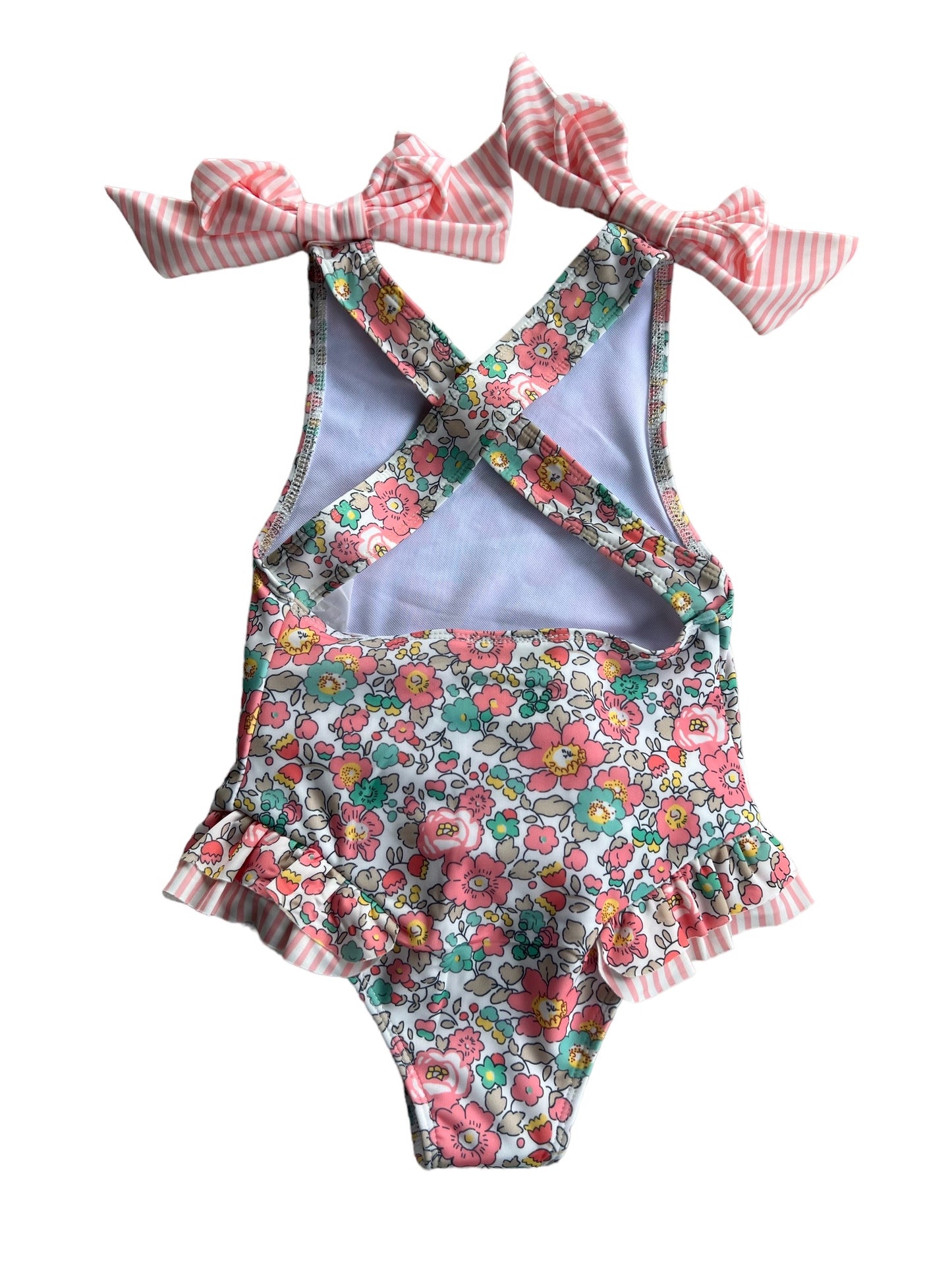SPF 30+ Pink Floral Girls Ruffle & Bows Swimsuit