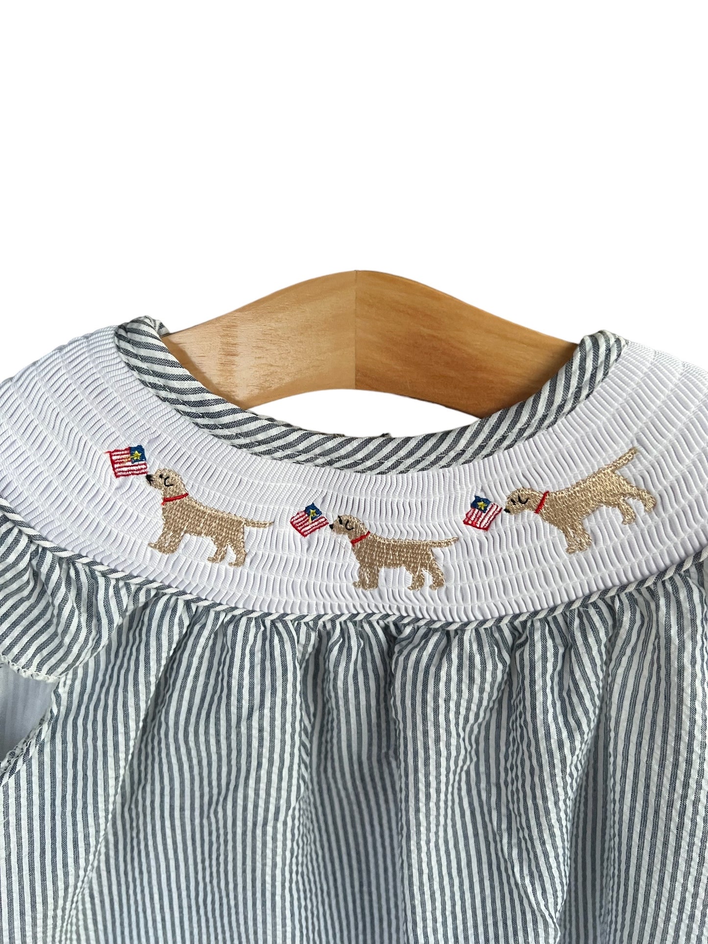 Fourth of July Girls Smocked Seersucker Dog & Flag Dress