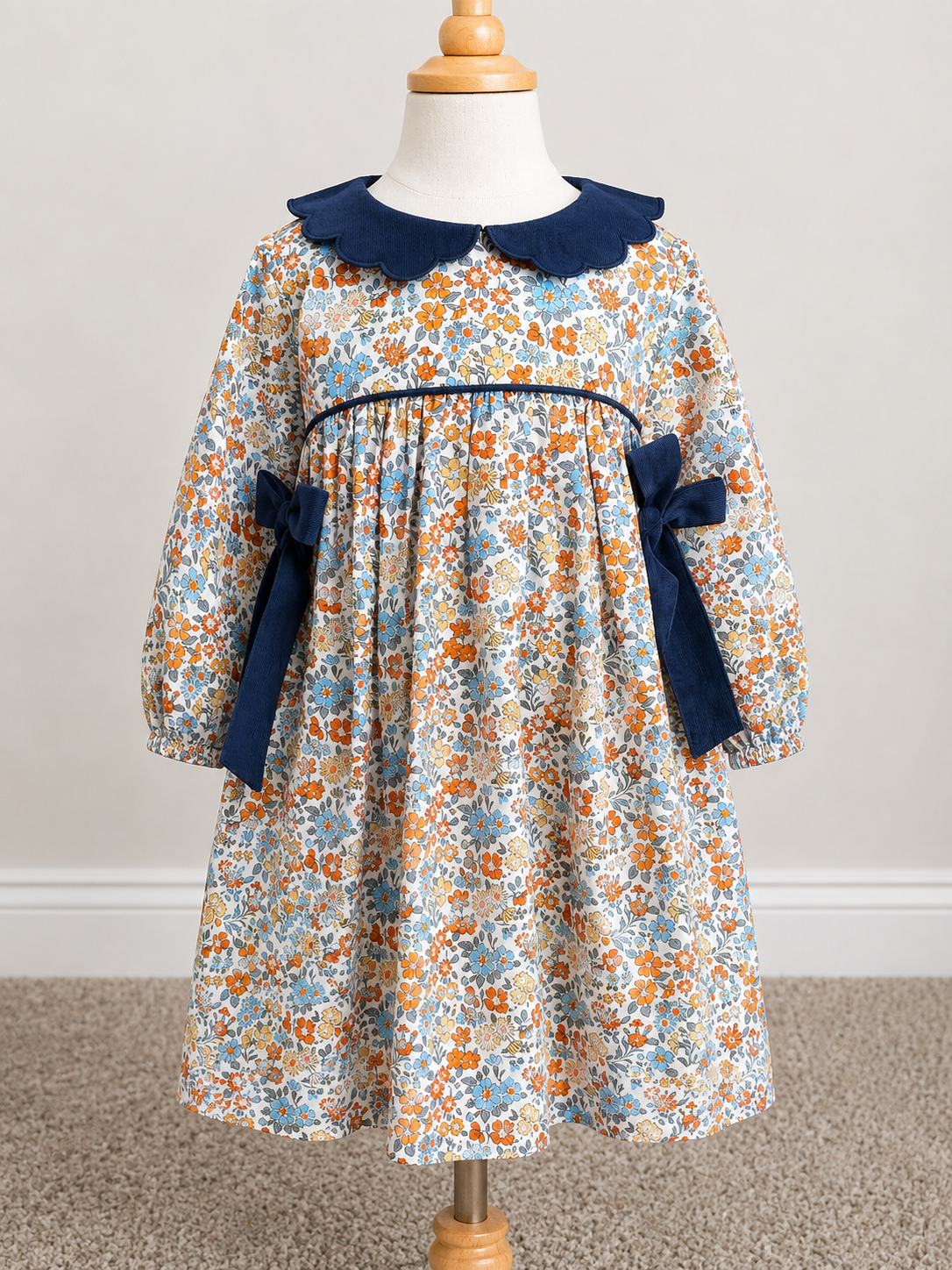Girls Autumn Floral Dress with navy corduroy Bows