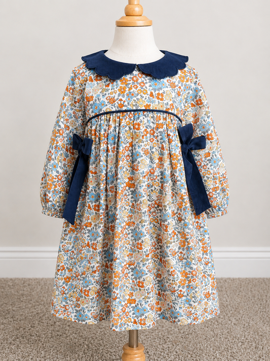 Girls Autumn Floral Dress with Navy Corduroy Bows