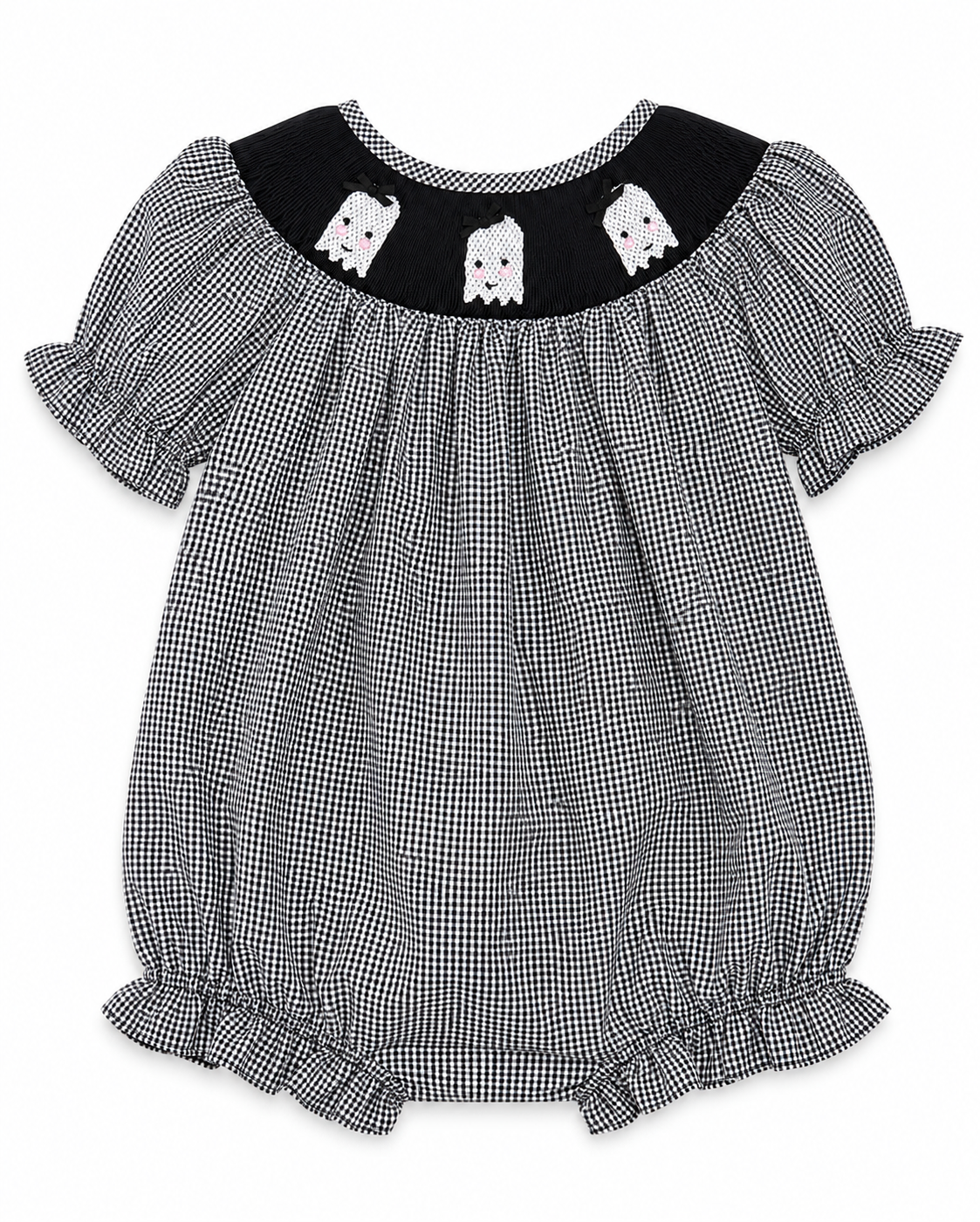 Girls Hand Smocked Ghost Bubble | Black & White Gingham Halloween Romper
