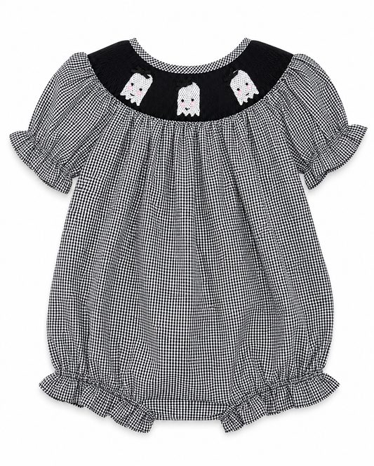 Girls Hand Smocked Ghost Bubble | Black & White Gingham Halloween Romper