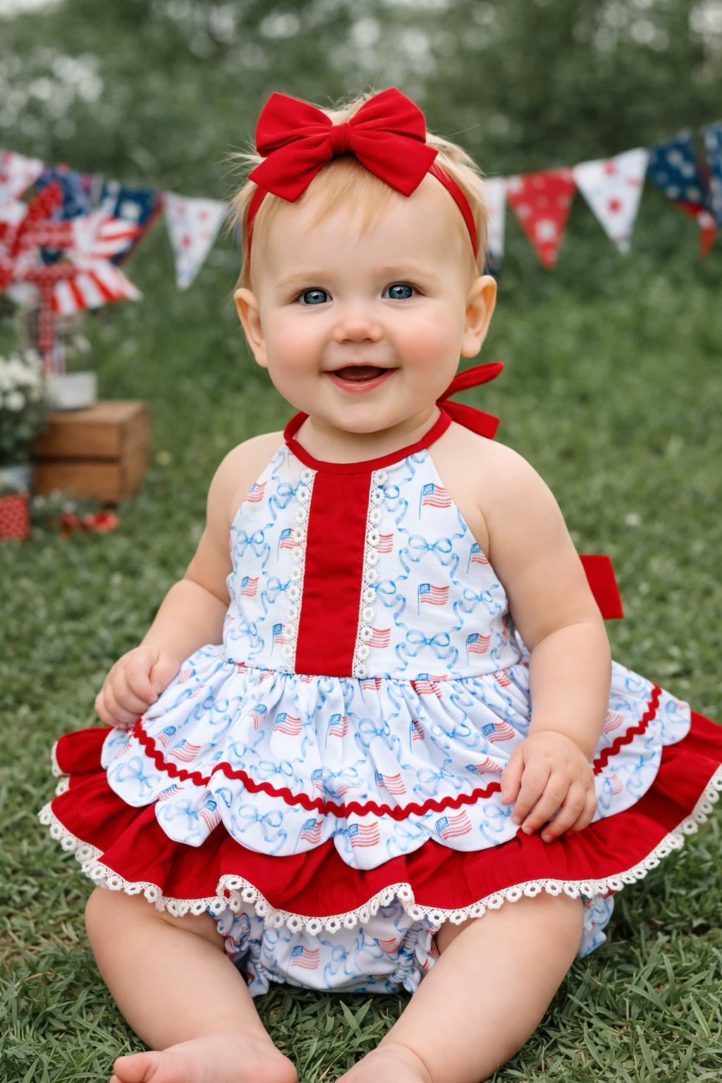 Patriotic Flag & Bow Sister Bubble – Red Ruffle Halter Bubble | Fourth of July Baby Outfit
