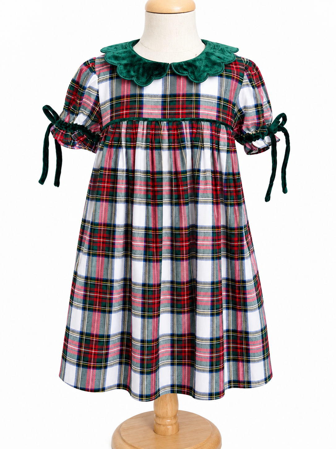 Girls Classic Christmas Plaid Velvet Collar Dress