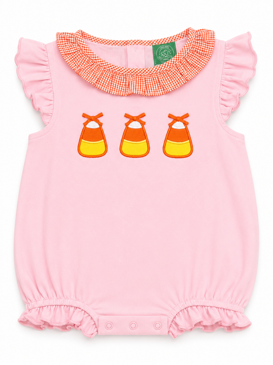 Girls Pink Candy Corn Appliqué Bubble | Pink Halloween Bubble Romper