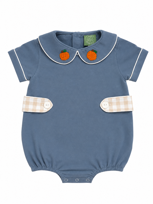 Blue Pumpkin French Knot Bubble Romper for Boys | Fall Baby Outfit