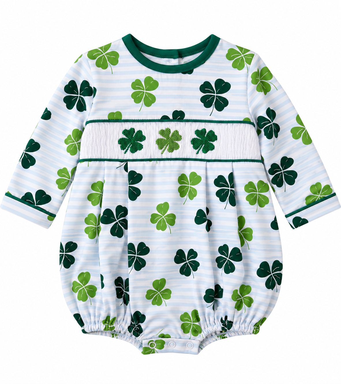 Boys’ hand-smocked St. Patrick’s Day bubble with green clover print, light blue stripes, long sleeves, and embroidered shamrocks.