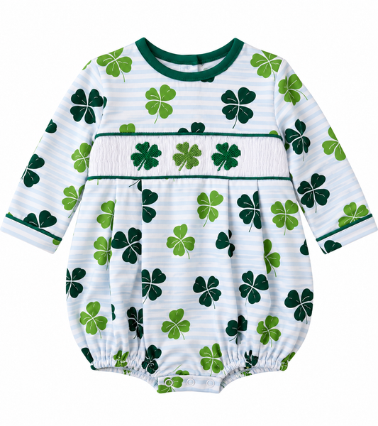 Boys’ hand-smocked St. Patrick’s Day bubble with green clover print, light blue stripes, long sleeves, and embroidered shamrocks.