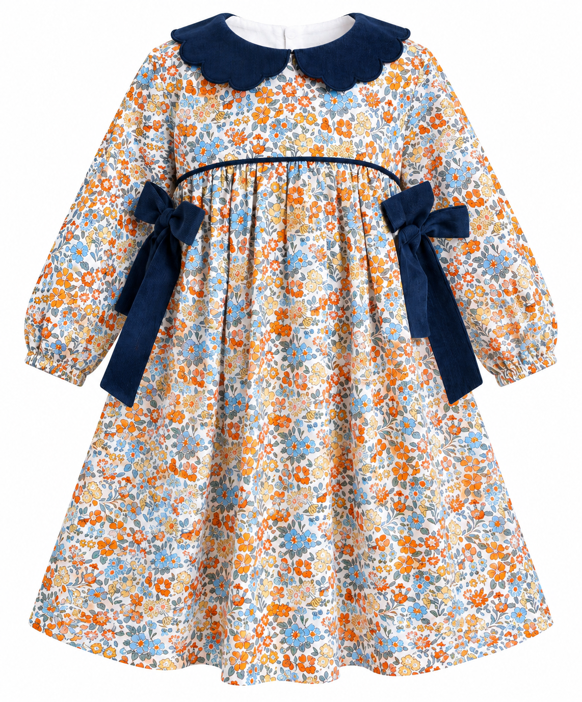 Girls’ floral long-sleeve dress with navy scalloped collar and navy side bows