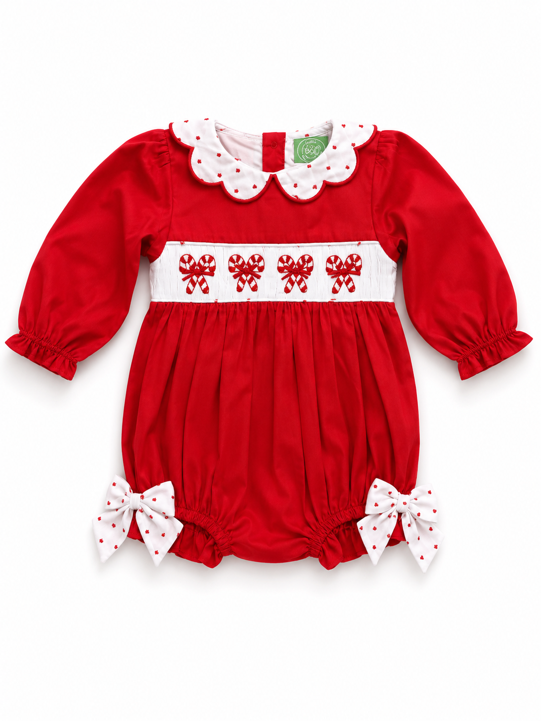 Girls Hand-Smocked Candy Cane Bow Red Christmas Bubble