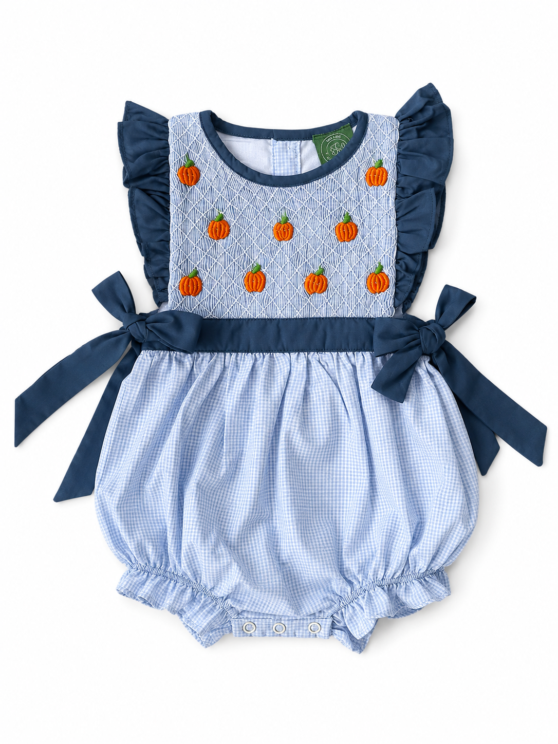 Girls hand smocked blue gingham bubble