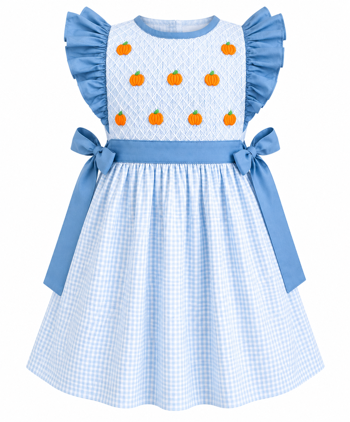 Girls light blue gingham pumpkin dress with embroidered pumpkins, ruffle sleeves and side bows