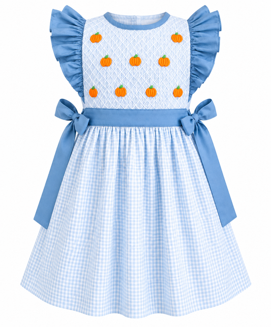 Girls light blue gingham pumpkin dress with embroidered pumpkins, ruffle sleeves and side bows