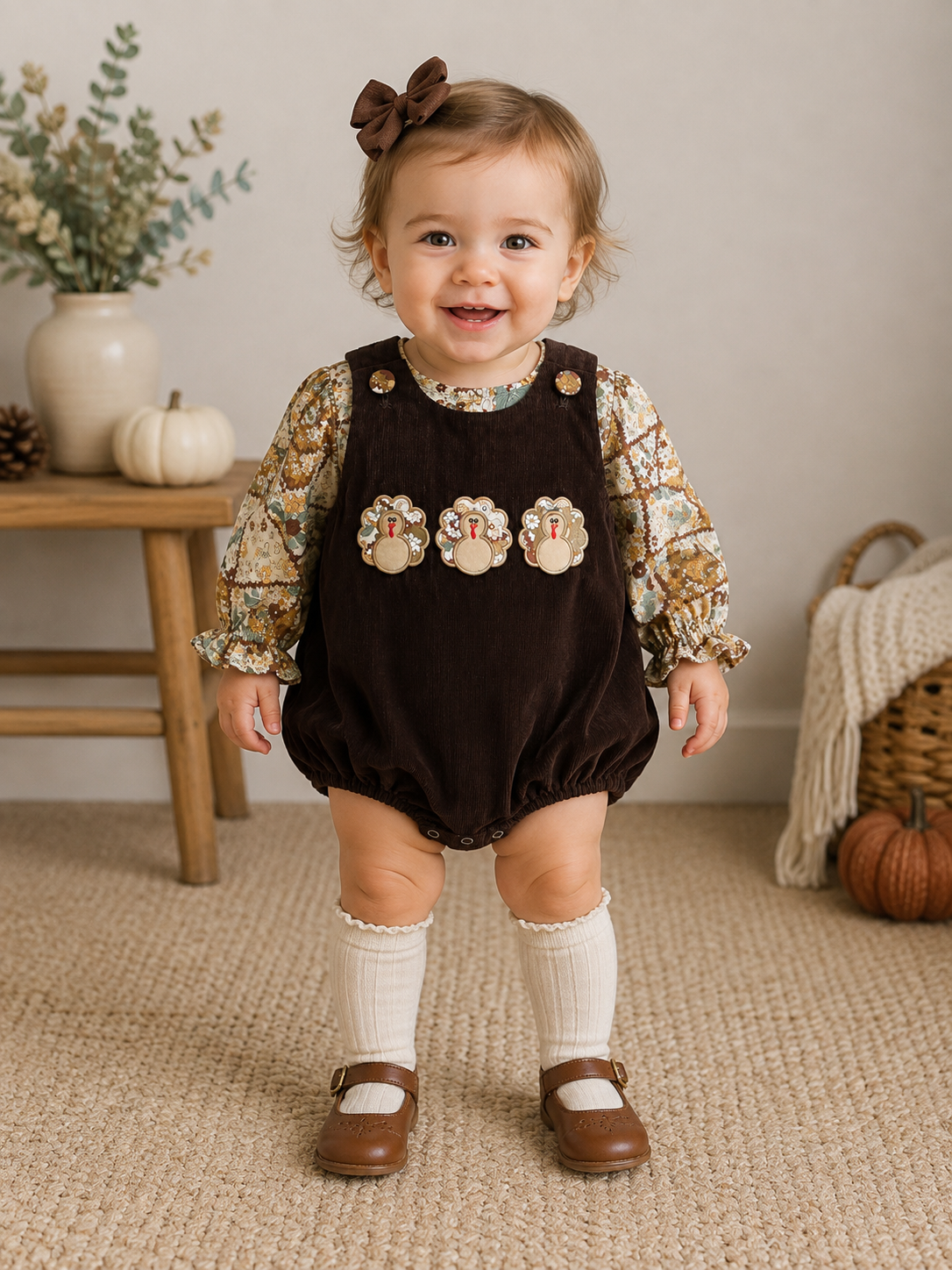 A toddler stands in a styled indoor room wearing a dark brown velvet romper with three embroidered pumpkins on the chest, layered over a floral long-sleeve shirt, cream knee-high socks, and brown Mary Jane shoes.