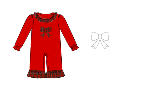 PREORDER-Girl’s Christmas plaid bow with ruffles one piece romper