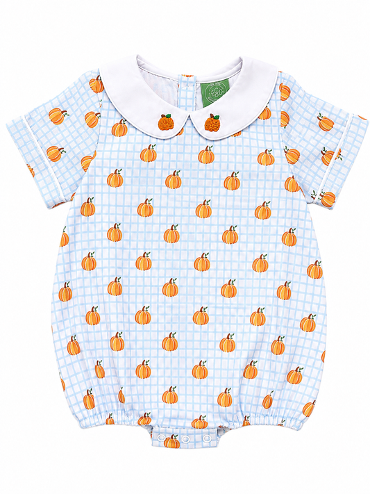 Blue Pumpkin Print French Knot Bubble Romper for Boys | Peter Pan Collar Fall Baby Outfit | Sister Match Available