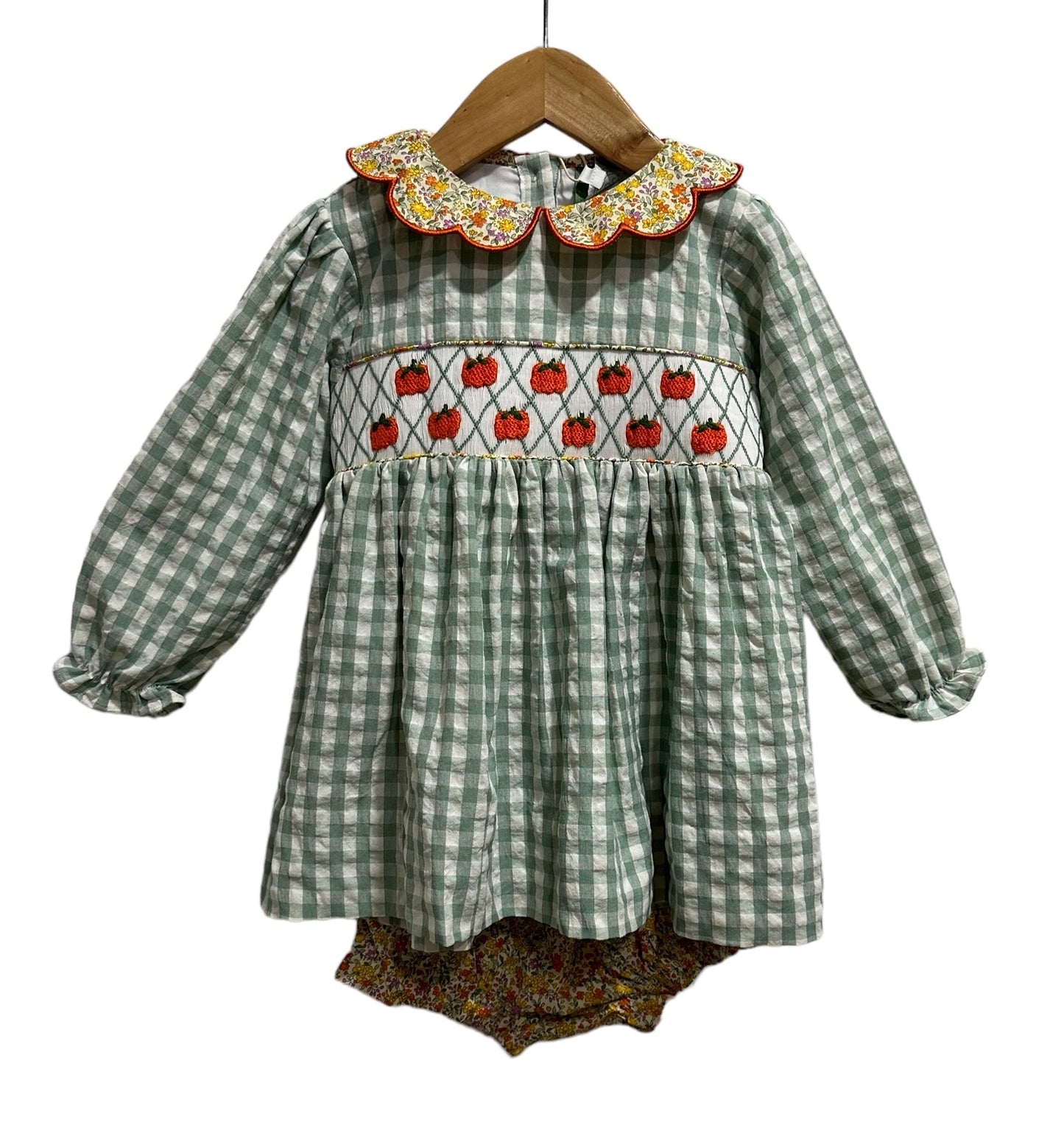 Floral & Gingham Girls Smocked Pumpkin Bloomer Set