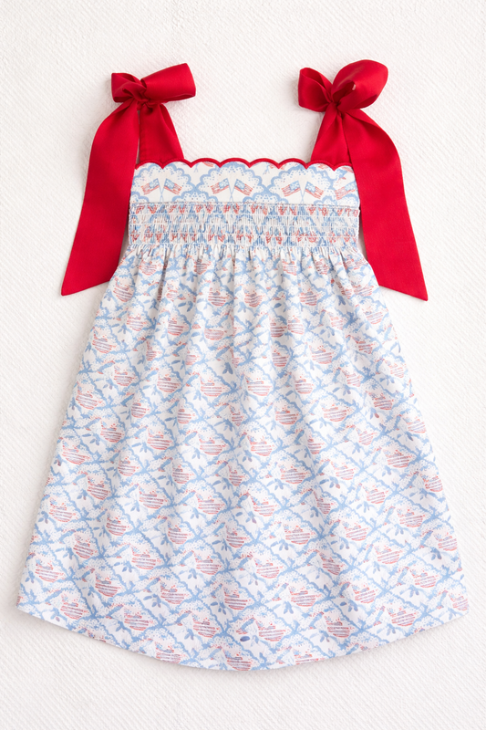 Girls Patriotic Flag Sundress – Red Bow Strap 4th of July Dress | Sister Match Available