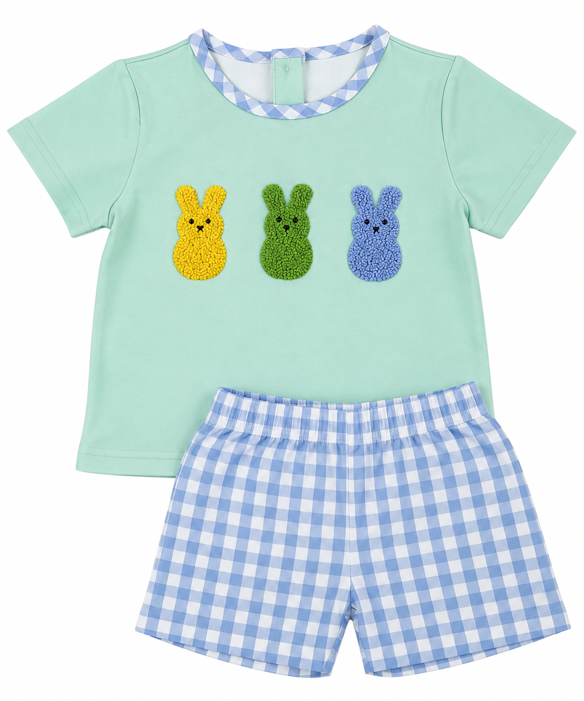 Boys Easter short set with mint green shirt, colorful French knot bunnies and blue gingham shorts.