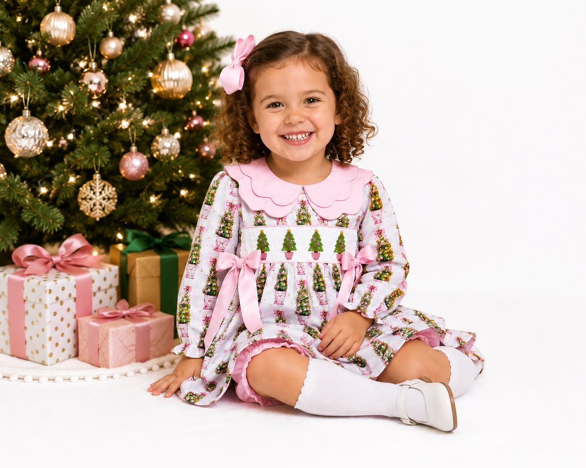 Girls Pink Christmas Tree Smocked Dress & Bloomer Set