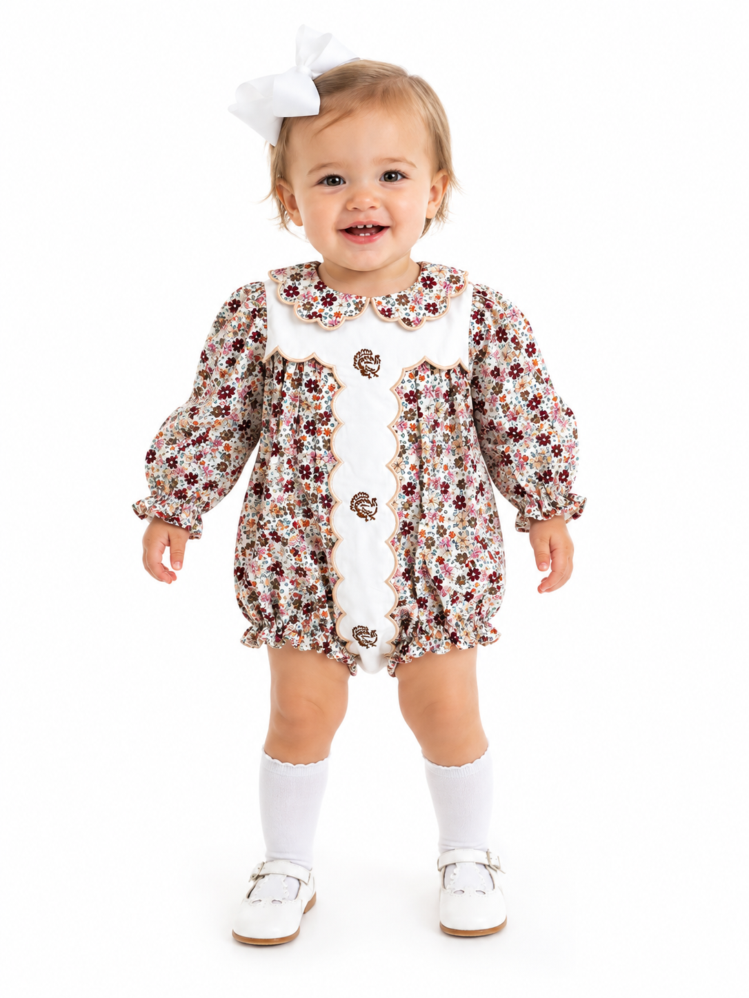 Girls Hand Embroidered Turkey Fall Floral Bubble Romper
