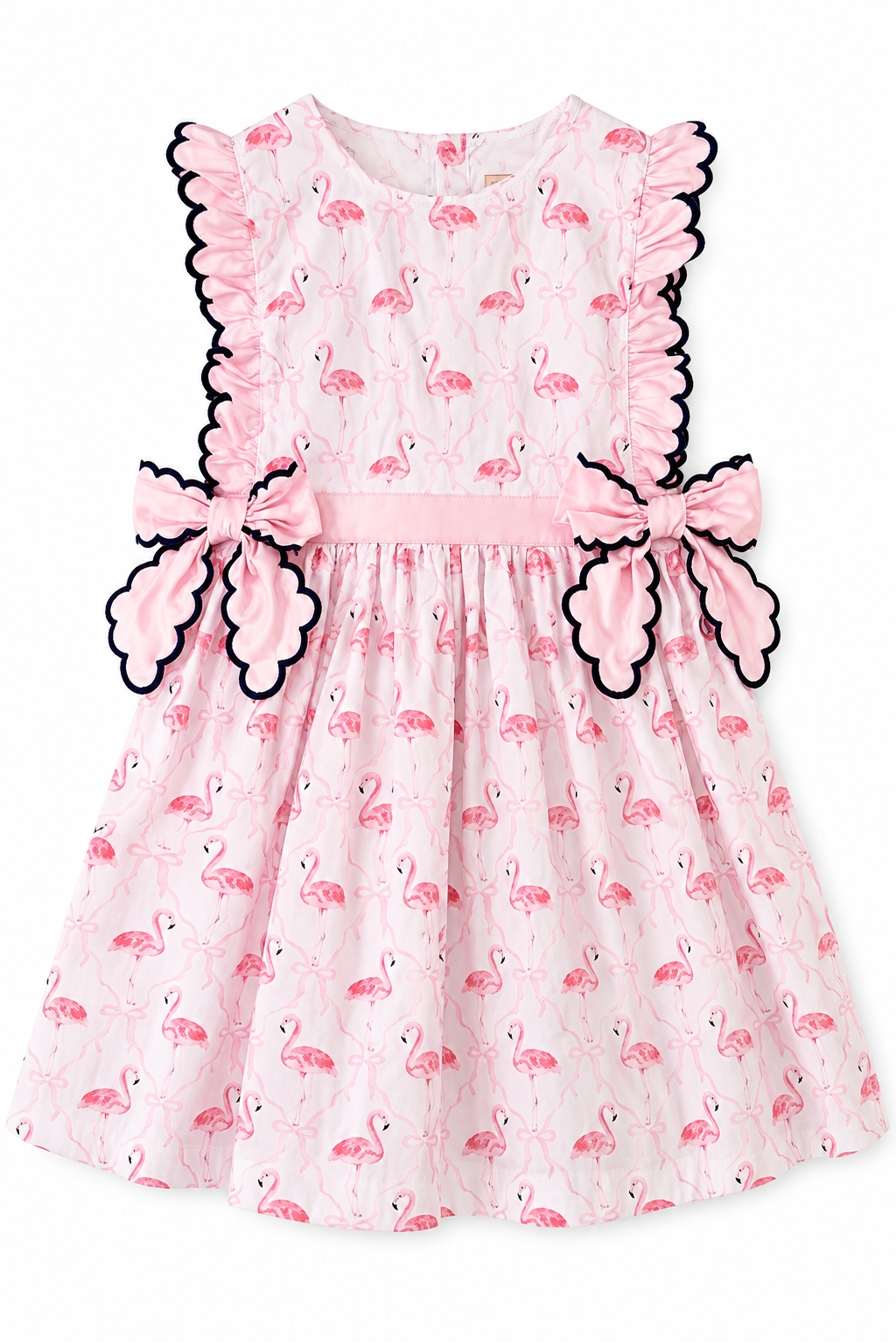 Pink flamingo print girls dress with ruffled sleeves, navy scalloped trim, pink waistband, and side bows.