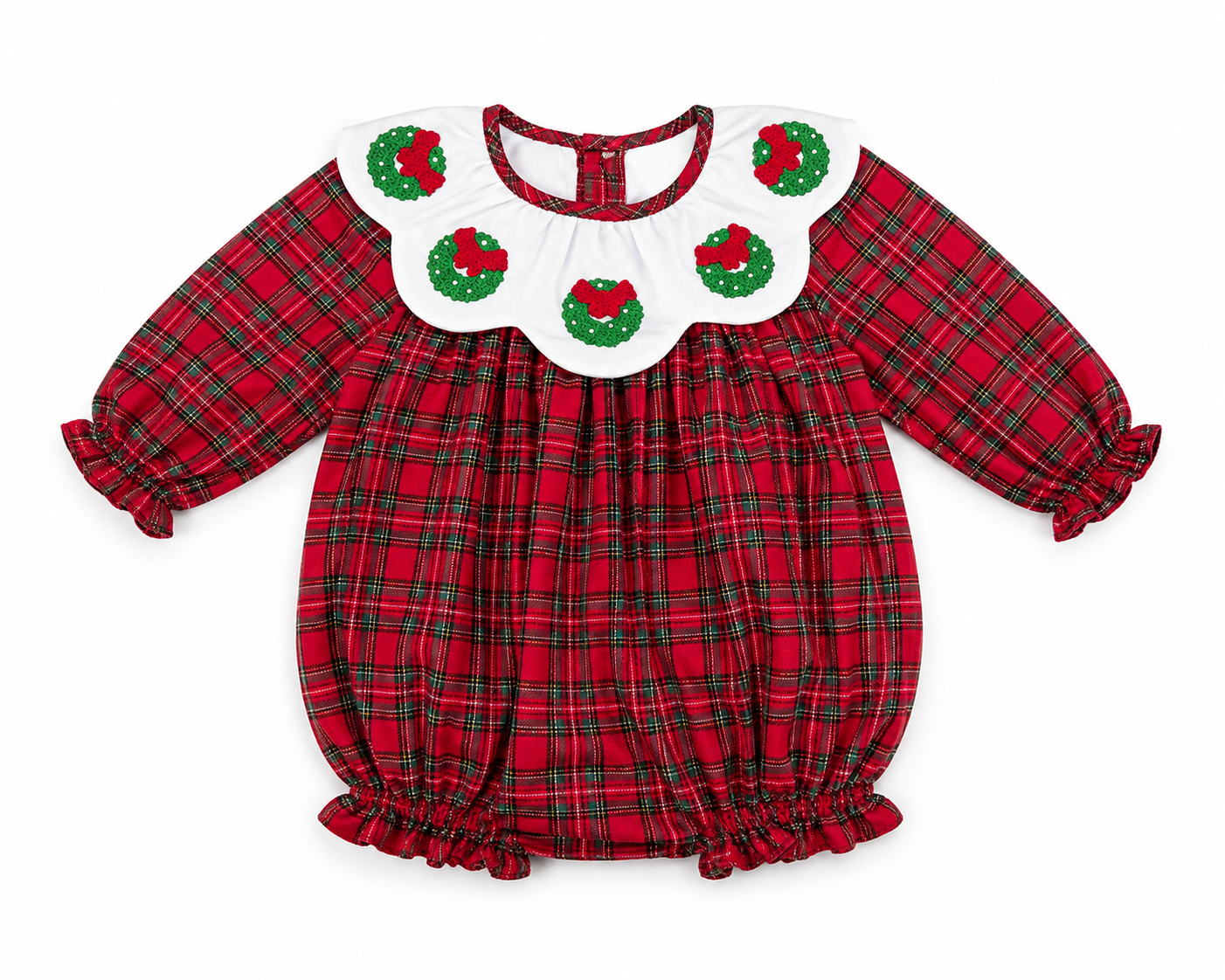 Girls Christmas Wreath French Knot Plaid Bubble