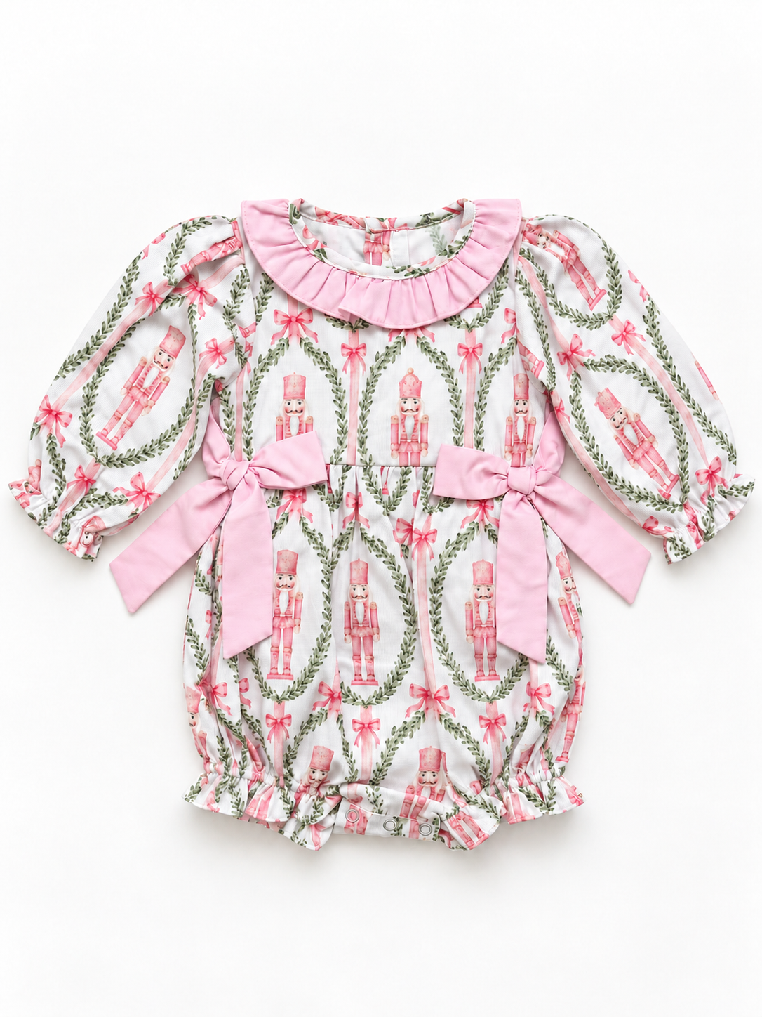 Pink Nutcracker Christmas Bubble Romper with Bows & Ruffle Collar