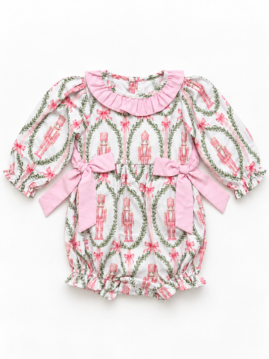 Pink Nutcracker Christmas Bubble Romper with Bows & Ruffle Collar