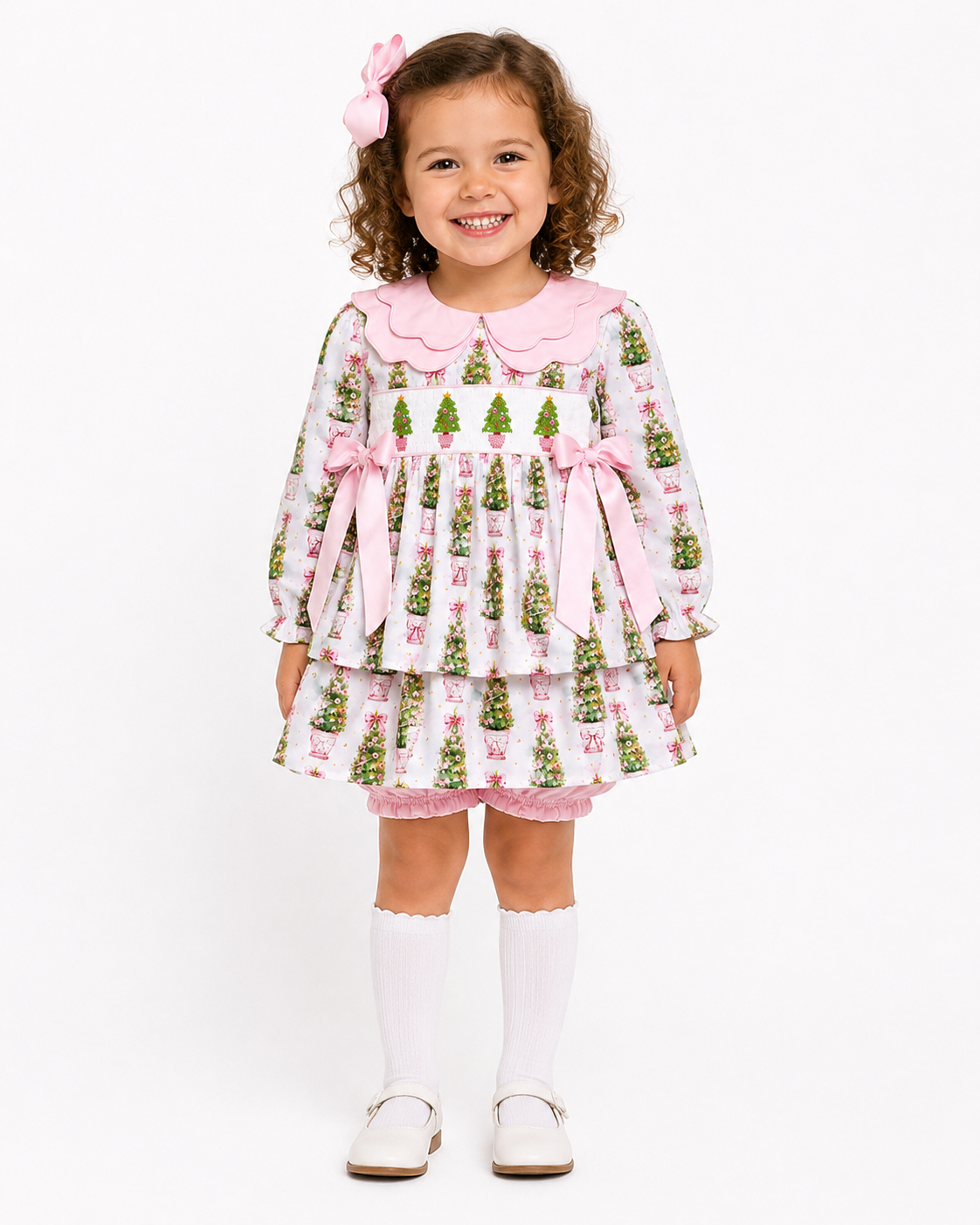 Girls Pink Christmas Tree Smocked Dress & Bloomer Set