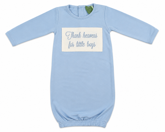 Thank Heavens for Little Boys Embroidered Blue Baby Gown