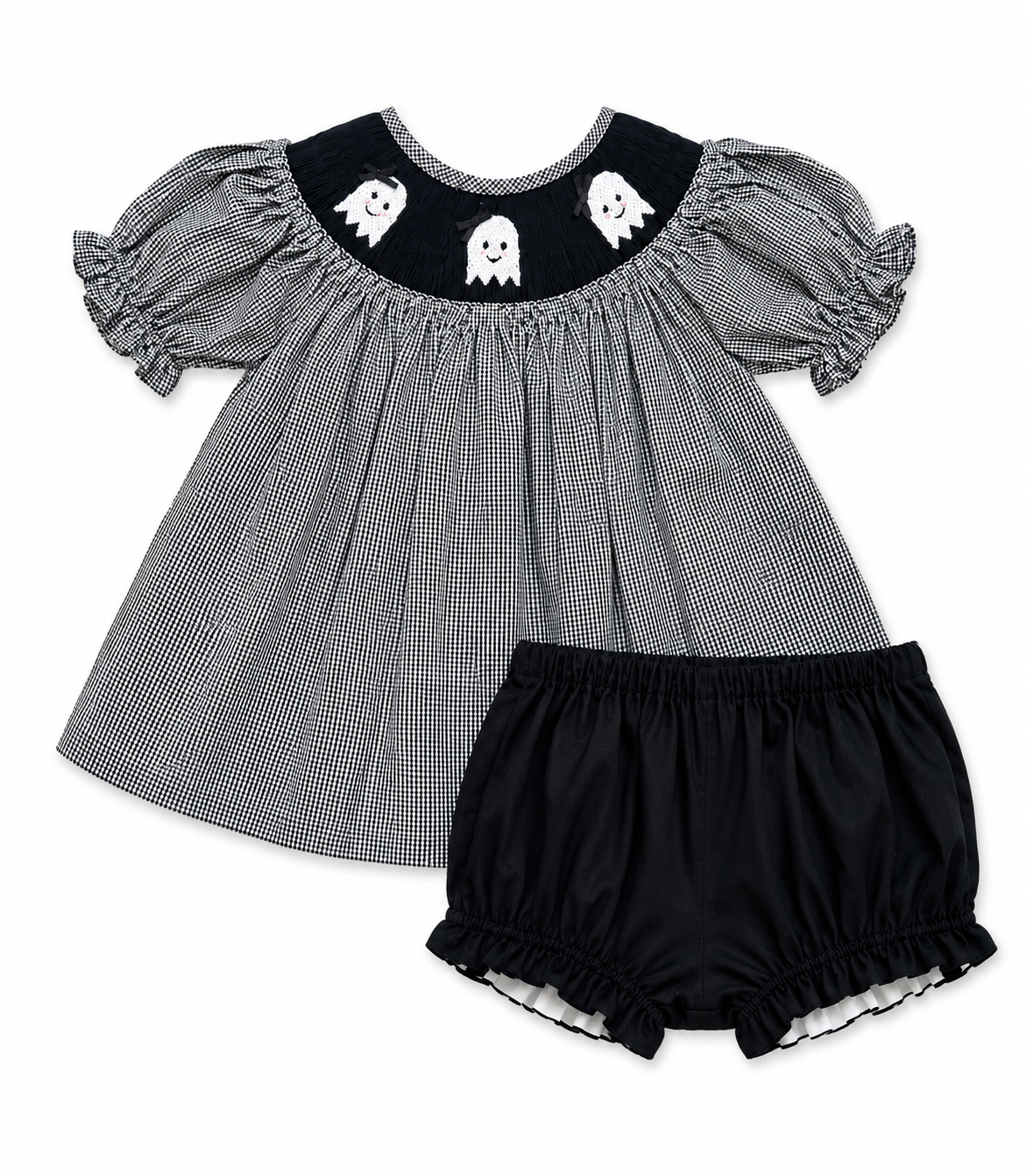 Girls black & white gingham Hand Smocked Ghost Bloomer Set
