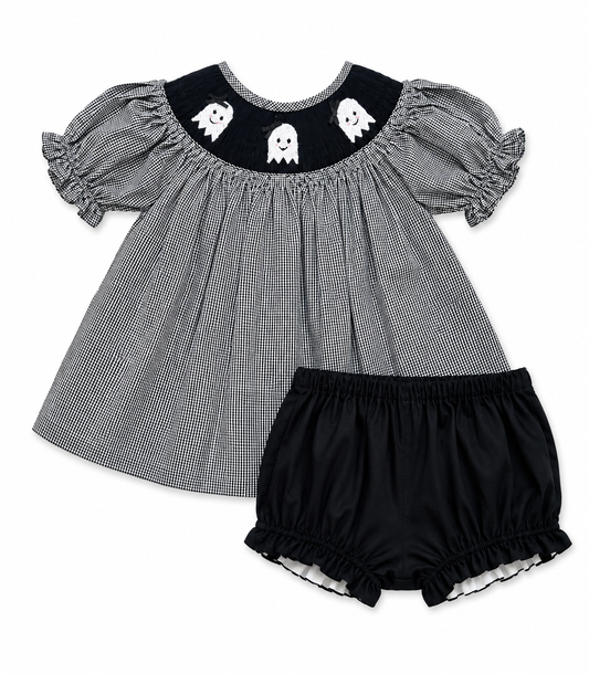 Girls Hand Smocked Ghost Bloomer Set | Black & White Gingham Halloween Outfit