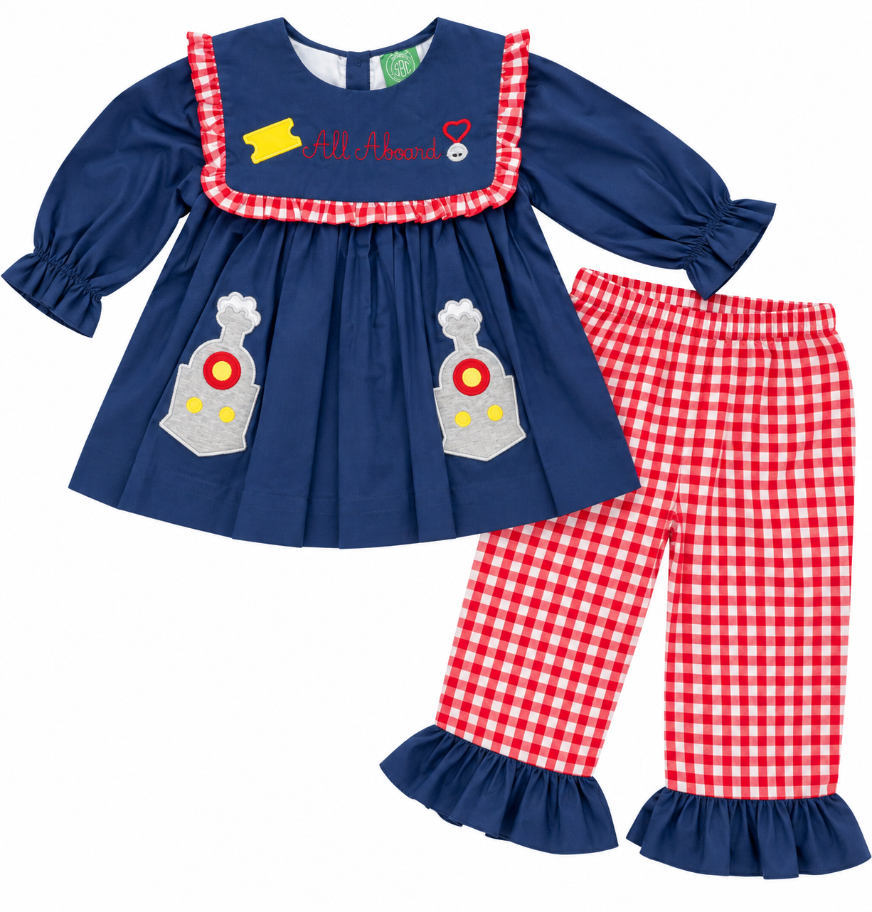 Girls All Aboard Christmas Train Pants Set | Navy & Gingham Holiday Outfit