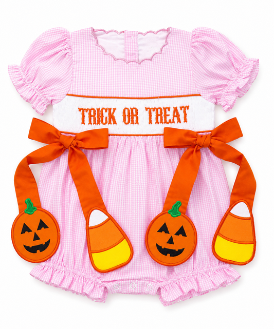 Girls Pink Gingham Trick or Treat Bishop Bubble Romper with Pumpkin & Candy Corn Bows