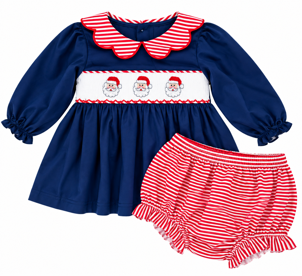 Girls hand smocked Santa Christmas bloomer set featuring a royal blue long sleeve top with three Santa faces, red and white striped scalloped collar, and matching ruffled striped bloomers.